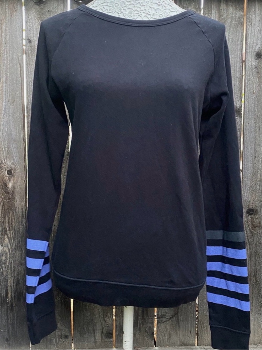 Free city Women's Black Sweater with purple Stripe Sleeves